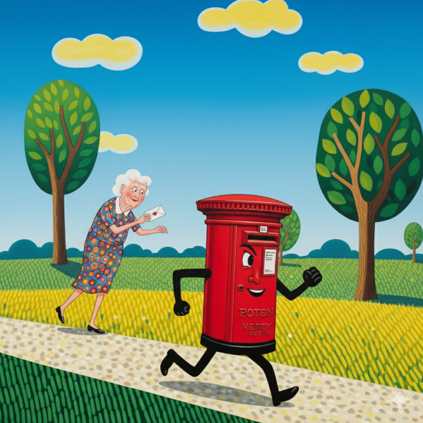 An old lady with a letter in her hand chasing a red post box down the road.