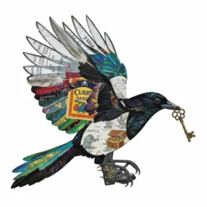 A collaged magpie with iridescent feathers made of various scraps, carrying a key in its beak, against a white background.