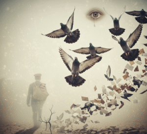A ghostly postal worker walks into mist, pigeons circling above as letters swirl in the wind.