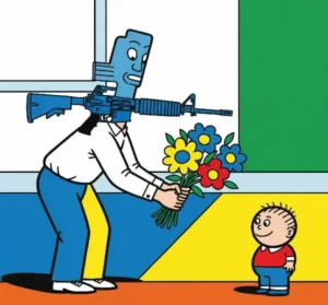 A cartoon shows an AR-15 rifle as a person, offering a bouquet of colorful flowers to a small child. Skendong Poetry.
