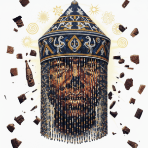brief A surreal portrait of an African face with a missing nose, wearing a beaded Ade crown, against a white background.