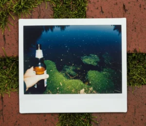 A faded Polaroid of a white male hand holding a beer bottle, with a mossy pond and starry sky in the background.