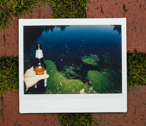 A faded Polaroid of a white male hand holding a beer bottle, with a mossy pond and starry sky in the background.