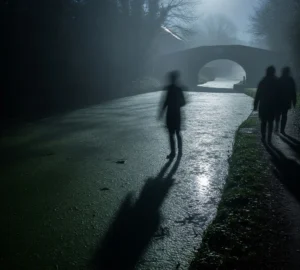 A canal at night. Moonlight reflects on mossy water, with Bridge 87 and shadowy figures barely visible.