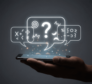 A hand holding a phone with three speech bubbles expressing confusion.