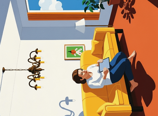 Woman sitting on a couch reading a tablet in a sideways room.