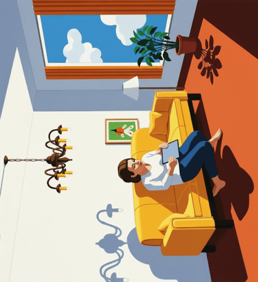 Woman sitting on a couch reading a tablet in a sideways room.