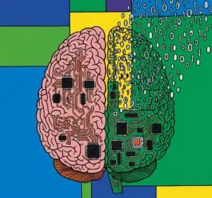 A surreal illustration of a human brain morphing into circuits or binary code, representing the blurred lines between natural thought and artificial intelligence.