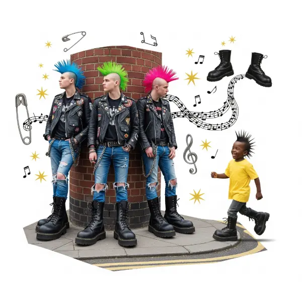 Image of punk teens with spiky hair; a young Black boy, grinning, darts past.