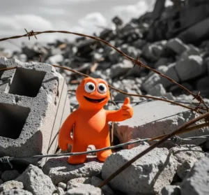 Morph’s bright orange clay figure standing in rubble.