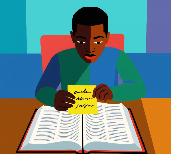 An abstract painting of man reading a yellow note on an open Bible.