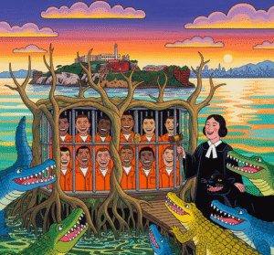 Brown-skinned men and a female judge, all smiling, are in a surreal "Alligator Alcatraz" jail, where smiling alligators and a black panther also reside.
