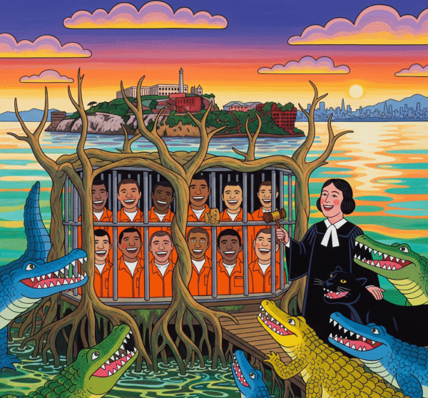 Brown-skinned men and a female judge, all smiling, are in a surreal "Alligator Alcatraz" jail, where smiling alligators and a black panther also reside.
