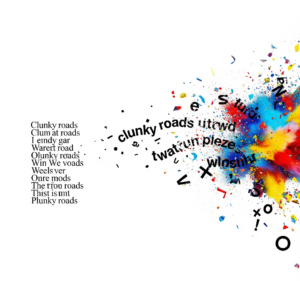 A page with text on the left, exploding into colorful abstract shapes and fragmented words like "clunky roads" on the right.