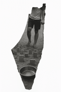 Outline of Palestine, filled with a scene of a man with a crutch, walking through a field of gravestones, with an empty food bowl in the foreground.