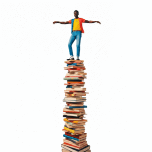 A black man with his arms outstretched for balance stands atop a very tall, precarious stack of books. The background is solid white.