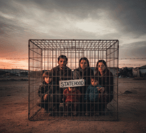 A family is trapped inside a dog cage, with the caption "Statehood."