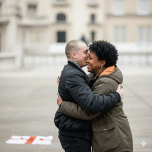 A black woman and white skinhead man hug each other as the flag of St. George lay on the ground.
