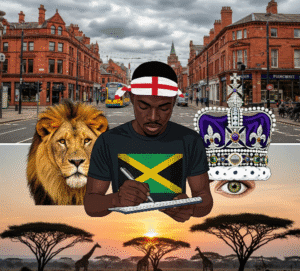 A Black man in a Jamaican shirt and St. George's bandana writes in a notepad, flanked by a watchful lion and the British Crown Jewels with a single eye. Urban Manchester and the Nairobi savanna merge in the background.
