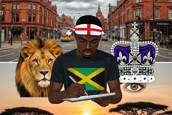 A Black man in a Jamaican shirt and St. George's bandana writes in a notepad, flanked by a watchful lion and the British Crown Jewels with a single eye. Urban Manchester and the Nairobi savanna merge in the background.