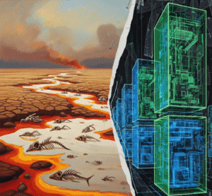 Collage split between a warm-toned, dying natural landscape and a cold, glowing city of technological structures.