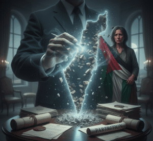 A diplomat draws borders on a disintegrating, glowing map of Palestine, surrounded by documents. In the background, a somber woman with a Palestinian flag looks on.