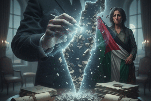 A diplomat draws borders on a disintegrating, glowing map of Palestine, surrounded by documents. In the background, a somber woman with a Palestinian flag looks on.