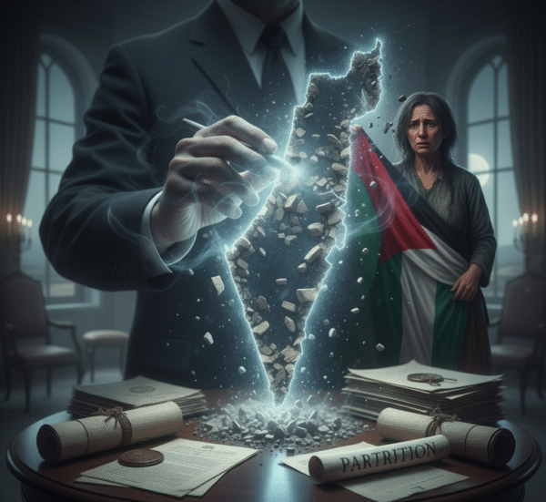 A diplomat draws borders on a disintegrating, glowing map of Palestine, surrounded by documents. In the background, a somber woman with a Palestinian flag looks on.