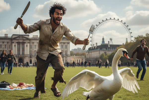 A hungry, disheveled man with a knife and fork chases a swan with the London Eye visible in the background.