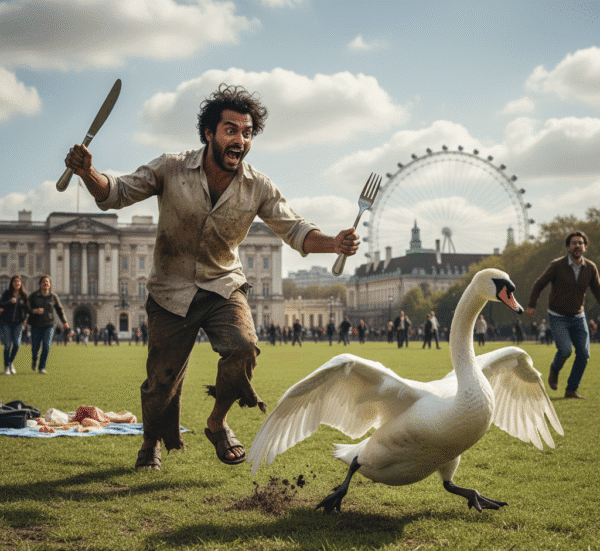 A hungry, disheveled man with a knife and fork chases a swan with the London Eye visible in the background.