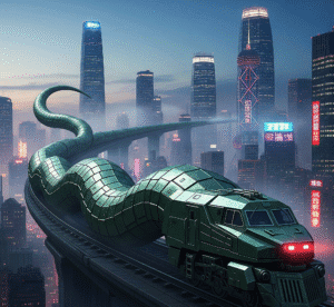 A dark green, serpentine train with a metallic sheen winds through a futuristic Beijing cityscape with skyscrapers.