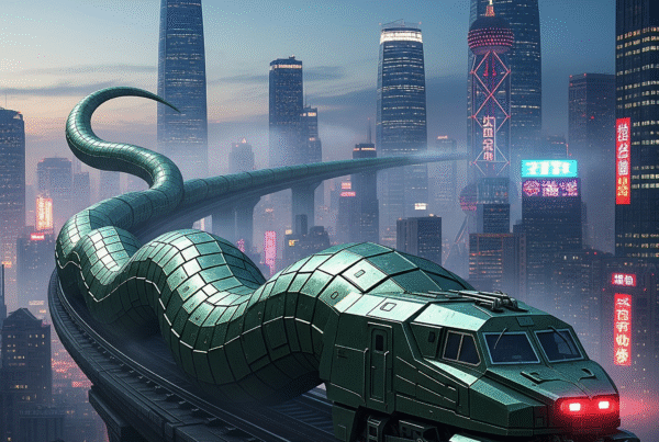 A dark green, serpentine train with a metallic sheen winds through a futuristic Beijing cityscape with skyscrapers.