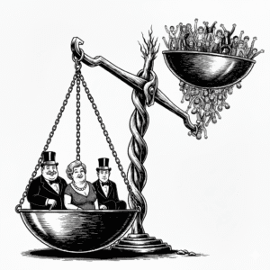 A giant, crooked scale of justice, one side weighed down by few elites, the other empty or with ordinary people struggling.