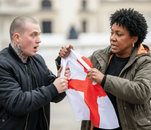 A black woman tearing away St. George’s flag from a white skinhead male.