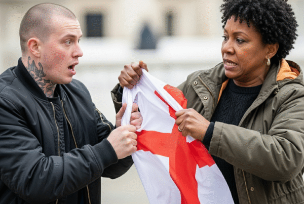 A black woman tearing away St. George’s flag from a white skinhead male.