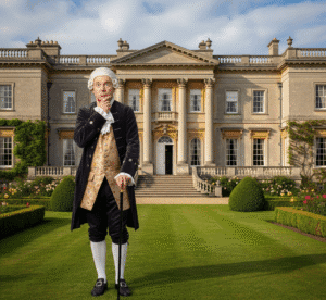 A bewildered-looking lord of the manor in 18th-century attire stands in front of his grand estate, with a quizzical expression on his face.