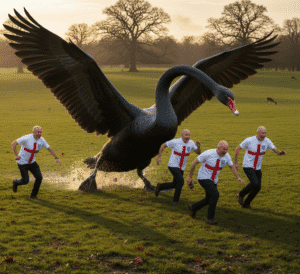 Giant black swan chases bald men wearing St. George's flag t-shirts