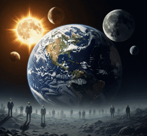 Earth, sun, and moons dominate the background, while small suited figures stand on a rocky surface.