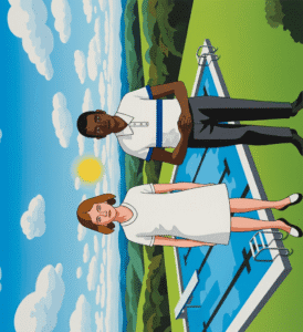 Black man and white woman in an inverted world with a swimming pool.