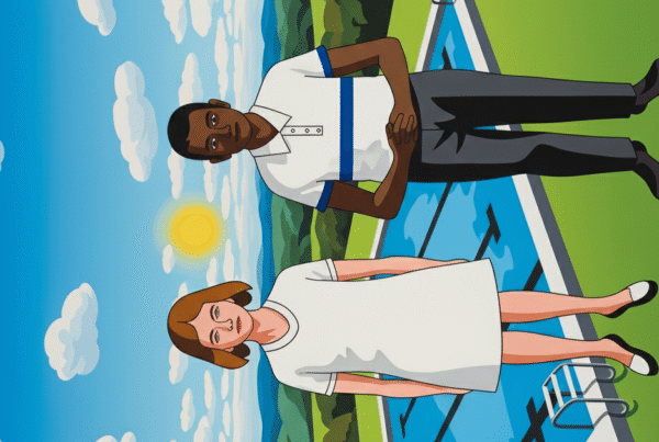 Black man and white woman in an inverted world with a swimming pool.