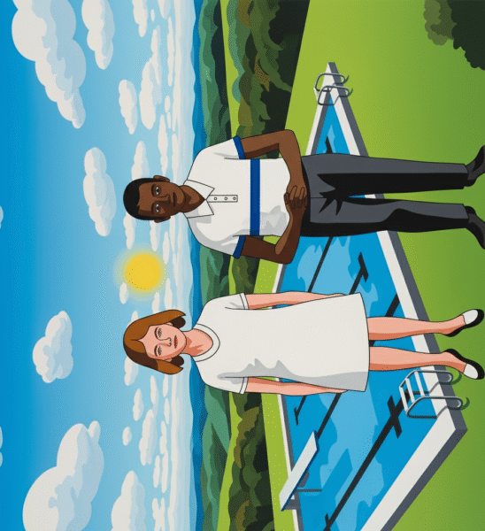 Black man and white woman in an inverted world with a swimming pool.