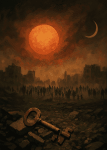 A large, rusty broken key lies in rubble as silhouettes walk beneath an orange sky with both the sun and crescent moon.