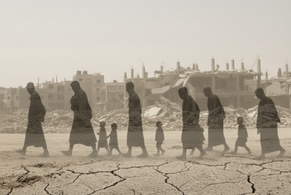 A desolate landscape with silhouettes of people walking through the ruins.