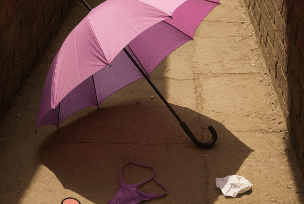 An open pink and lilac umbrella in a sunlit alley, surrounded by scattered cosmetics, papers, and a purple thong.