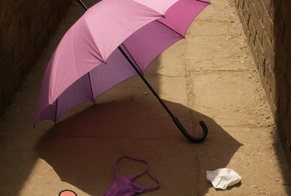 An open pink and lilac umbrella in a sunlit alley, surrounded by scattered cosmetics, papers, and a purple thong.