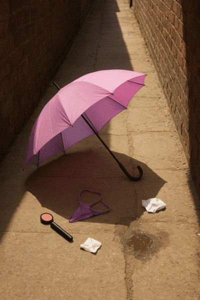 An open pink and lilac umbrella in a sunlit alley, surrounded by scattered cosmetics, papers, and a purple thong.