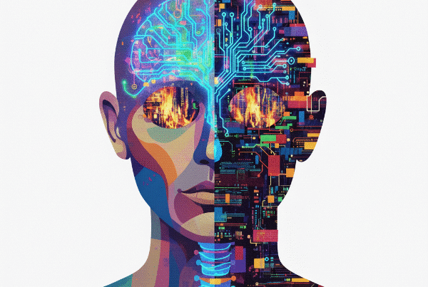 A sentient face split in two: one side human with a glowing brain circuit, the other digital with eyes reflecting fire and streaming code.
