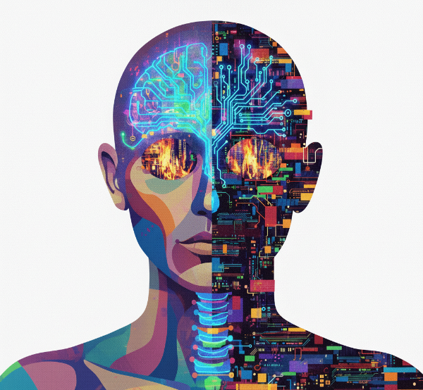 A sentient face split in two: one side human with a glowing brain circuit, the other digital with eyes reflecting fire and streaming code.