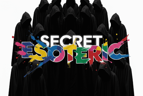 Esoteric Secret by Skedong: The word ESOTERIC dissolves to reveal SECRET, glowing on white. Silhouettes of a mysterious Kabbalistic group observe.