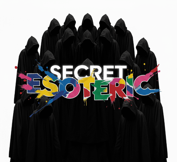 Esoteric Secret by Skedong: The word ESOTERIC dissolves to reveal SECRET, glowing on white. Silhouettes of a mysterious Kabbalistic group observe.